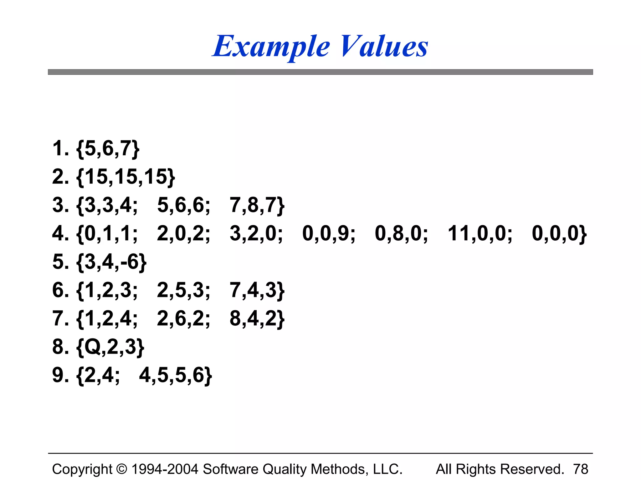 Example Values


1. {5,6,7}
2. {15,15,15}
3. {3,3,4; 5,6,6;         7,8,7}
4. {0,1,1; 2,0,2;         3,2,0; 0,0,9; 0,8,0; 11,0,0; 0,0,0}
5. {3,4,-6}
6. {1,2,3; 2,5,3;         7,4,3}
7. {1,2,4; 2,6,2;         8,4,2}
8. {Q,2,3}
9. {2,4; 4,5,5,6}



Copyright © 1994-2004 Software Quality Methods, LLC.   All Rights Reserved. 78
 