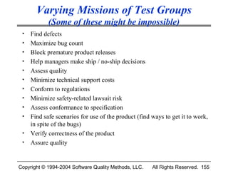 Varying Missions of Test Groups
            (Some of these might be impossible)
 •   Find defects
 •   Maximize bug count
 •   Block premature product releases
 •   Help managers make ship / no-ship decisions
 •   Assess quality
 •   Minimize technical support costs
 •   Conform to regulations
 •   Minimize safety-related lawsuit risk
 •   Assess conformance to specification
 •   Find safe scenarios for use of the product (find ways to get it to work,
     in spite of the bugs)
 •   Verify correctness of the product
 •   Assure quality


Copyright © 1994-2004 Software Quality Methods, LLC.   All Rights Reserved. 155
 