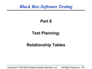 Black Box Software Testing


                                 Part 8

                         Test Planning:

                   Relationship Tables




Copyright © 1994-2004 Software Quality Methods, LLC.   All Rights Reserved. 167
 
