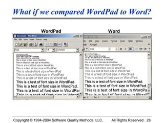 What if we compared WordPad to Word?

                WordPad                                Word




Copyright © 1994-2004 Software Quality Methods, LLC.    All Rights Reserved. 28
 