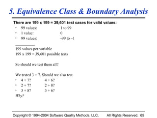 5. Equivalence Class & Boundary Analysis
 There are 199 x 199 = 39,601 test cases for valid values:
  • 99 values:                1 to 99
  • 1 value:                  0
  • 99 values:                -99 to –1
  __________
  199 values per variable
  199 x 199 = 39,601 possible tests

  So should we test them all?

  We tested 3 + 7. Should we also test
  • 4 + 7?          4 + 6?
  • 2 + 7?          2 + 8?
  • 3 + 8?          3 + 6?
  Why?



 Copyright © 1994-2004 Software Quality Methods, LLC.   All Rights Reserved. 65
 