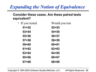 Expanding the Notion of Equivalence
     Consider these cases. Are these paired tests
     equivalent?
        • If you tested      Would you test
              51+52                        52+53
              53+54                        54+55
              55+56                        56+57
              57+58                        58+59
              59+60                        60+61
              61+62                        62+63
              63+64                        64+65
              65+66                        66+67
              67+68                        68+69

Copyright © 1994-2004 Software Quality Methods, LLC.   All Rights Reserved. 88
 