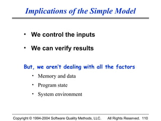 Implications of the Simple Model

      • We control the inputs

      • We can verify results

      But, we aren’t dealing with all the factors
           • Memory and data
           • Program state
           • System environment




Copyright © 1994-2004 Software Quality Methods, LLC.   All Rights Reserved. 110
 