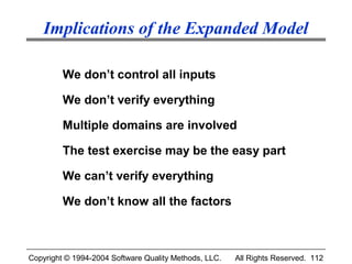 Implications of the Expanded Model

         We don’t control all inputs

         We don’t verify everything

         Multiple domains are involved

         The test exercise may be the easy part

         We can’t verify everything

         We don’t know all the factors



Copyright © 1994-2004 Software Quality Methods, LLC.   All Rights Reserved. 112
 