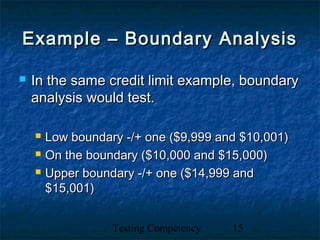 Testing Competency 15
Example – Boundary AnalysisExample – Boundary Analysis
 In the same credit limit example, boundaryIn the same credit limit example, boundary
analysis would test.analysis would test.
 Low boundary -/+ one ($9,999 and $10,001)Low boundary -/+ one ($9,999 and $10,001)
 On the boundary ($10,000 and $15,000)On the boundary ($10,000 and $15,000)
 Upper boundary -/+ one ($14,999 andUpper boundary -/+ one ($14,999 and
$15,001)$15,001)
 
