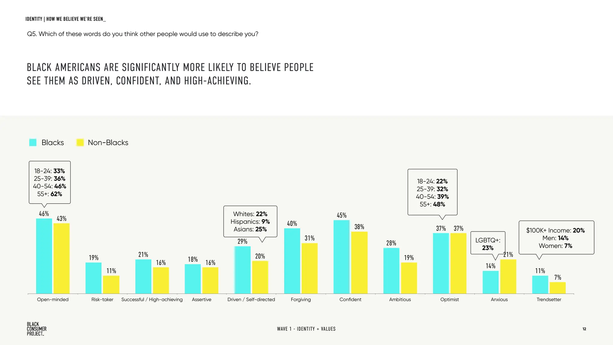 12
Open-minded Risk-taker Successful / High-achieving Assertive Driven / Self-directed Forgiving Confident Ambitious Optimist Anxious Trendsetter
7%
21%
37%
19%
38%
31%
20%
16%
16%
11%
43%
11%
14%
37%
28%
45%
40%
29%
18%
21%
19%
46%
Blacks Non-Blacks
18-24: 33%
25-39: 36%
40-54: 46%
55+: 62%
18-24: 22%
25-39: 32%
40-54: 39%
55+: 48%
LGBTQ+:
23%
$100K+ Income: 20%
Men: 14%
Women: 7%
Whites: 22%
Hispanics: 9%
Asians: 25%
BLACK AMERICANS ARE SIGNIFICANTLY MORE LIKELY TO BELIEVE PEOPLE
SEE THEM AS DRIVEN, CONFIDENT, AND HIGH-ACHIEVING.
Q5. Which of these words do you think other people would use to describe you?
WAVE 1 - IDENTITY + VALUES
IDENTITY | HOW WE BELIEVE WE’RE SEEN_
 
