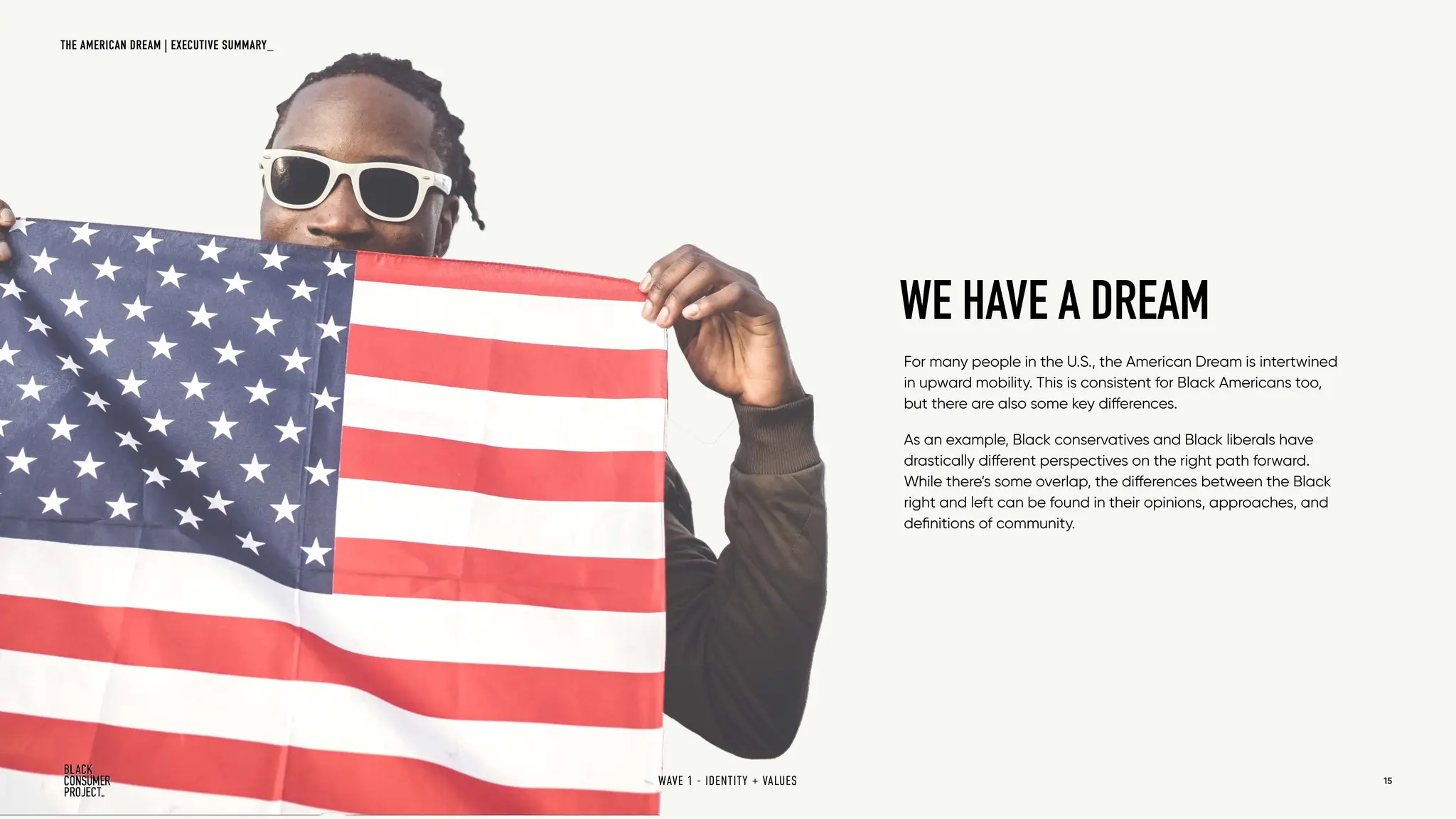 15
For many people in the U.S., the American Dream is intertwined
in upward mobility. This is consistent for Black Americans too,
but there are also some key differences.
As an example, Black conservatives and Black liberals have
drastically different perspectives on the right path forward.
While there’s some overlap, the differences between the Black
right and left can be found in their opinions, approaches, and
definitions of community.
WE HAVE A DREAM
WAVE 1 - IDENTITY + VALUES
THE AMERICAN DREAM | EXECUTIVE SUMMARY_
 