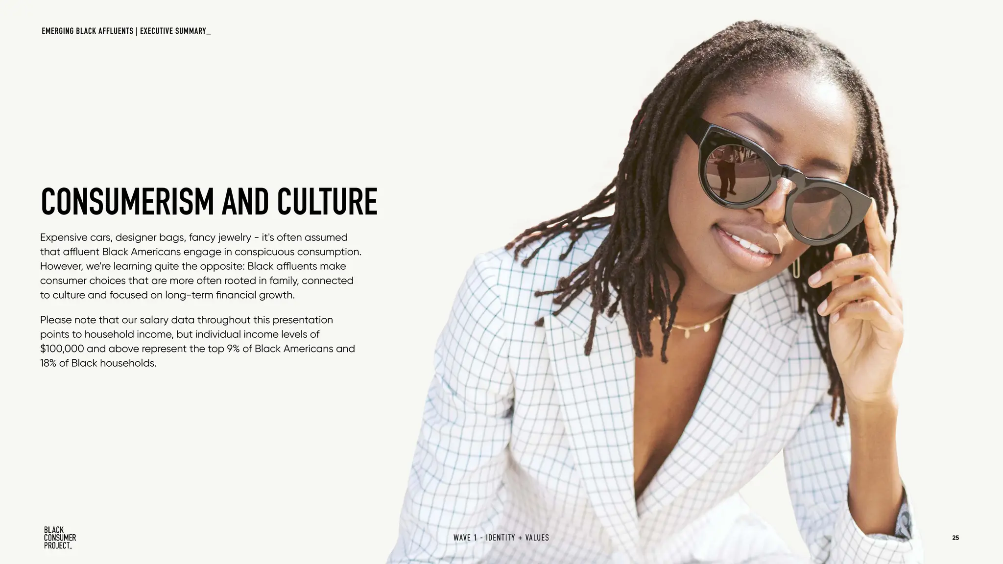 25
25
Expensive cars, designer bags, fancy jewelry - it's often assumed
that affluent Black Americans engage in conspicuous consumption.
However, we’re learning quite the opposite: Black affluents make
consumer choices that are more often rooted in family, connected
to culture and focused on long-term financial growth.
Please note that our salary data throughout this presentation
points to household income, but individual income levels of
$100,000 and above represent the top 9% of Black Americans and
18% of Black households.
CONSUMERISM AND CULTURE
WAVE 1 - IDENTITY + VALUES
EMERGING BLACK AFFLUENTS | EXECUTIVE SUMMARY_
 