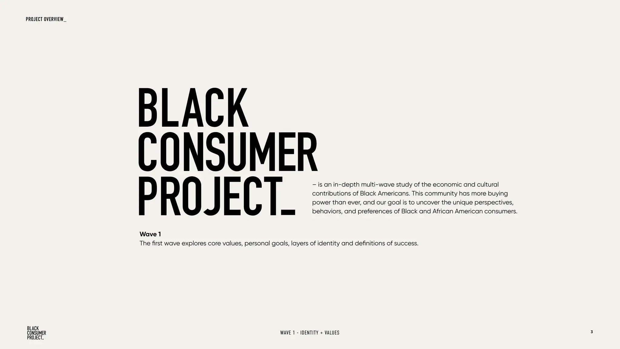 – is an in-depth multi-wave study of the economic and cultural
contributions of Black Americans. This community has more buying
power than ever, and our goal is to uncover the unique perspectives,
behaviors, and preferences of Black and African American consumers.
PROJECT OVERVIEW_
3
WAVE 1 - IDENTITY + VALUES
Wave 1
The first wave explores core values, personal goals, layers of identity and definitions of success.
 