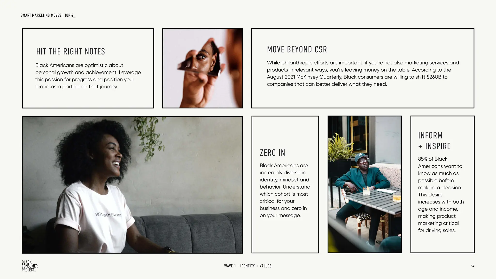 HIT THE RIGHT NOTES MOVE BEYOND CSR
Black Americans are optimistic about
personal growth and achievement. Leverage
this passion for progress and position your
brand as a partner on that journey.
ZERO IN
Black Americans are
incredibly diverse in
identity, mindset and
behavior. Understand
which cohort is most
critical for your
business and zero in
on your message.
INFORM
+ INSPIRE
85% of Black
Americans want to
know as much as
possible before
making a decision.
This desire
increases with both
age and income,
making product
marketing critical
for driving sales.
While philanthropic efforts are important, if you’re not also marketing services and
products in relevant ways, you’re leaving money on the table. According to the
August 2021 McKinsey Quarterly, Black consumers are willing to shift $260B to
companies that can better deliver what they need.
34
WAVE 1 - IDENTITY + VALUES
SMART MARKETING MOVES | TOP 4_
 