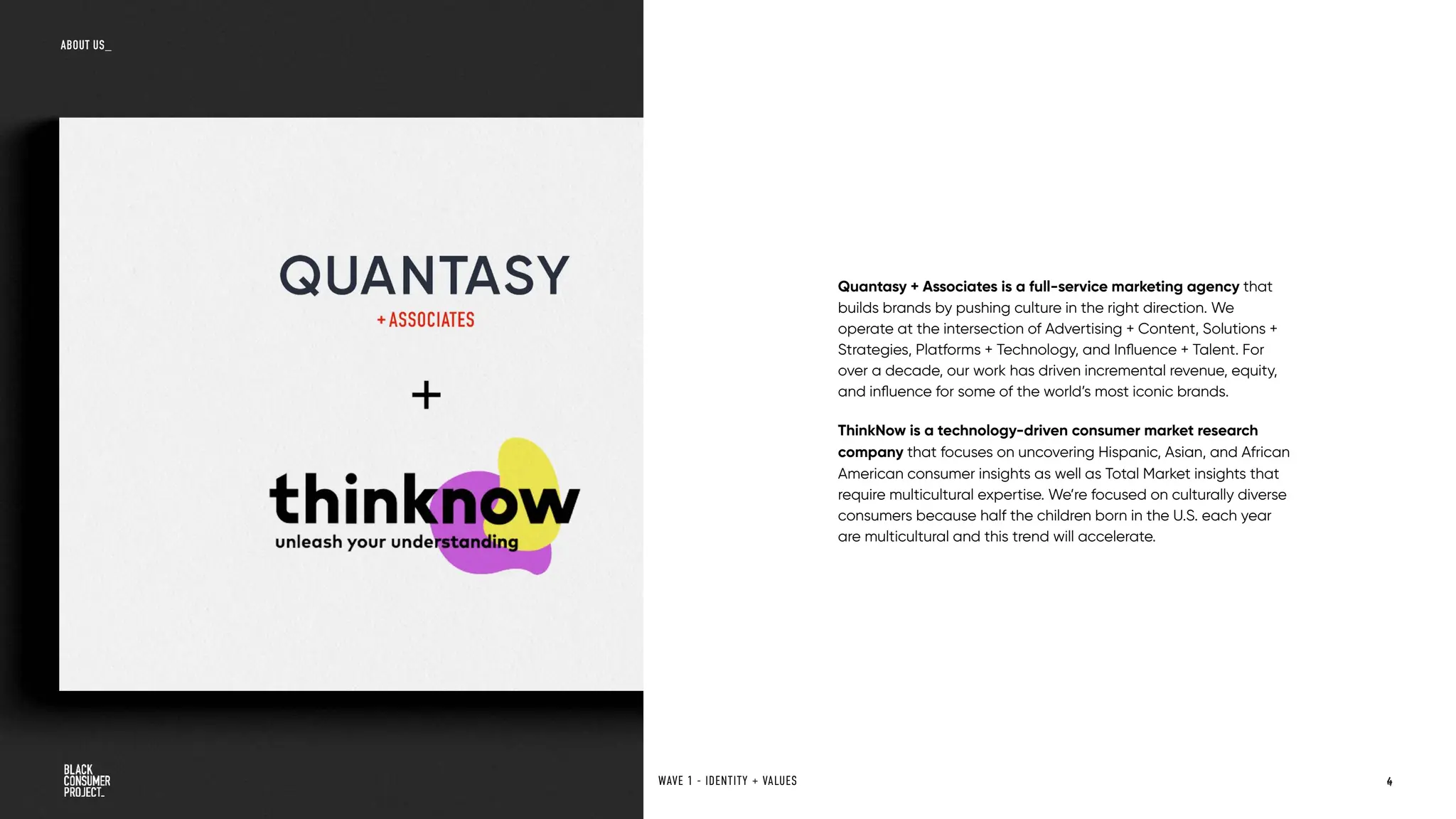 Quantasy + Associates is a full-service marketing agency that
builds brands by pushing culture in the right direction. We
operate at the intersection of Advertising + Content, Solutions +
Strategies, Platforms + Technology, and Influence + Talent. For
over a decade, our work has driven incremental revenue, equity,
and influence for some of the world’s most iconic brands.
ThinkNow is a technology-driven consumer market research
company that focuses on uncovering Hispanic, Asian, and African
American consumer insights as well as Total Market insights that
require multicultural expertise. We’re focused on culturally diverse
consumers because half the children born in the U.S. each year
are multicultural and this trend will accelerate.
4
ABOUT US_
WAVE 1 - IDENTITY + VALUES 4
 