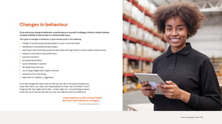 Changes in behaviour
If you notice any change in behaviour or performance in yourself, a colleague, friend, or family member
consider whether it may be due to a mental health issue.
The types of changes in behaviour could include some of the following:
• change in routines (stopping participation in sport, social activities)
• talking about unusual/disturbing thoughts
• reporting or demonstrating symptoms associated with high levels of anxiety and/or lowered mood
• lowered concentration and performance
• reduced motivation
• increased absenteeism
• social withdrawal or isolation
• decreased personal care
• use of drugs (illegal and/or legal) or alcohol
• reduced activity and energy
• high levels of irritability or aggression
Lived experience with mental health
and how their behaviour changed
Produced by Black Dog Institute
If you see changes like these, and you feel you can talk to the person because you
know them well or you have some responsibility for them, don’t be afraid to ask if
things are OK. They might want to talk – or they might not – but just letting someone
know that you’ve noticed and that you care can make an enormous difference.
Science. Compassion. Action. | 10
 