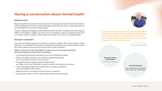Having a conversation about mental health
Keeping in touch
Regular, simple, informal conversations help build a sense of belonging and connectedness which has been shown
to promote wellbeing. Find the time to ask about the weekend, have a chat about what you watched last night, ask
how the holiday went or just ask how things are going.
Checking in regularly with colleagues, friends, and family also means that we are more likely to notice when things are
different or their behaviour changes. It can make the person we’re talking to more open to sharing information with
us, and make a ‘difficult’ conversation easier because you’ve already shown that you’re interested and care.
Having the conversation
If you notice any changes in behaviour or performance in yourself, a colleague, friend or family member, consider
whether this is a mental health issue. Starting a conversation with someone whom you’re concerned about can help
them open up, share their worries with you, and seek further support if necessary.
Talking to someone about their mental health isn’t always easy, but it could help them get better.
Here are some key points to help you start a conversation:
• Choose a good time and place to talk where you are both comfortable and relaxed.
• Mention the change in behaviour you’ve noticed and add something positive,
e.g. ‘I’ve noticed that you’ve been…. You’re usually so…’
• Encourage the person to talk by using open-ended questions,
e.g. ‘What’s on your mind?’ If the person is reluctant to talk, ask more questions, don’t give up.
• Listen actively, giving the person time to talk without interrupting or giving advice.
Avoid the temptation to fill the silences.
• Reflect back some of the things you’ve heard to show you understand.
• Encourage them to talk to their GP or another health professional if they need help.
“I was afraid I wouldn’t be believed. That people wouldn’t
understand.Thatthey’dthinkIwasweakorcrazy.Inreality,
when the time came to tell people about my illnesses, I
was not only believed but received an enormous amount
of support from family and friends.“
Craig, Lived experience presenter
Top tips for having
a conversation
Produced by Black Dog Institute
Download factsheet
How to help when you’re worried
about someone’s mental health
Science. Compassion. Action. | 11
 