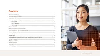 Contents
About Black Dog Institute�����������������������������������������������������������������������������������������������������������������������������������������������������������������������������������������������������������������������������������������3
Mental health and the workplace����������������������������������������������������������������������������������������������������������������������������������������������������������������������������������������������������������������������4
Breaking down stigma�������������������������������������������������������������������������������������������������������������������������������������������������������������������������������������������������������������������������������������������������5
Stress, depression and anxiety���������������������������������������������������������������������������������������������������������������������������������������������������������������������������������������������������������������������������6
What is stress?�������������������������������������������������������������������������������������������������������������������������������������������������������������������������������������������������������������������������������������������������6
What is depression?������������������������������������������������������������������������������������������������������������������������������������������������������������������������������������������������������������������������������������6
What is anxiety?����������������������������������������������������������������������������������������������������������������������������������������������������������������������������������������������������������������������������������������������8
Change in behaviour?������������������������������������������������������������������������������������������������������������������������������������������������������������������������������������������������������������������������������������������������10
Having a conversation about mental health���������������������������������������������������������������������������������������������������������������������������������������������������������������������������������������������11
Mental illness at work - Rights and responsibilities��������������������������������������������������������������������������������������������������������������������������������������������������������������������������12
What are my responsibilities?�����������������������������������������������������������������������������������������������������������������������������������������������������������������������������������������������������������������������������13
Reasonable adjustments�����������������������������������������������������������������������������������������������������������������������������������������������������������������������������������������������������������������������������������������14
Staying at work�����������������������������������������������������������������������������������������������������������������������������������������������������������������������������������������������������������������������������������������������������������������14
Six ways employers and people leaders can help make workplaces mentally healthier��������������������������������������������������������������������������������� 15
Five ways to wellbeing�����������������������������������������������������������������������������������������������������������������������������������������������������������������������������������������������������������������������������������������������16
What help is available?����������������������������������������������������������������������������������������������������������������������������������������������������������������������������������������������������������������������������������������������17
Emergency support����������������������������������������������������������������������������������������������������������������������������������������������������������������������������������������������������������������������������������������������������� 18
Resources����������������������������������������������������������������������������������������������������������������������������������������������������������������������������������������������������������������������������������������������������������������������������19
Workplace programs�������������������������������������������������������������������������������������������������������������������������������������������������������������������������������������������������������������������������������������������������20
Science. Compassion. Action. | 2
 