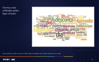 Termos mais 
utilizados pelas 
lojas virtuais: 
15 
Foram retirados os links e os termos: black Friday, antecipado, cama, bolsas, descontos, cor e vida. 
 