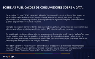 SOBRE AS PUBLICAÇÕES DE CONSUMIDORES SOBRE A DATA: 
Expectativa: Do total ( 6365 menções) advindas de consumidores, 42% destas descrevem as 
expectativas deles em relação ao evento. Eles se mostraram ávidos pelo Black Friday e 
declararam que preferem aguardar o evento para efetuar algumas compras, principalmente 
quando os produtos são livros e celulares. 
Intenção e desejo de compra: Dentro das expectativas, 23% dos consumidores expressaram que 
vão comprar algum produto específico e outros 27% planejam efetuar compras. 
Os usuários de mídias sociais se referem aos produtos de maneira geral, citando "celular" ao invés 
de um modelo específico de aparelho, por exemplo. Surpreendentemente, os livros são os 
produtos mais procurados juntamente aos celulares, representando respectivamente 23% e 9% 
das menções de expectativa em relação ao evento. 
Para SEO: Os termos mais utilizados para indicar as expectativas e interesses de compra são 
"esperar", "chegando", vou comprar, "preciso comprar", "quero comprar", "ansiosamente", 
"ansioso", "lista", "listando", "esperando", "juntando dinheiro", "economizando”. 
16 
 