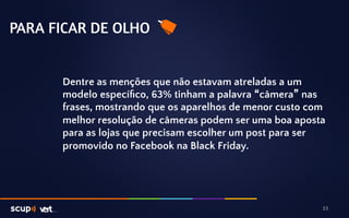 PARA FICAR DE OLHO 
Dentre as menções que não estavam atreladas a um 
modelo específico, 63% tinham a palavra “câmera” nas 
frases, mostrando que os aparelhos de menor custo com 
melhor resolução de câmeras podem ser uma boa aposta 
para as lojas que precisam escolher um post para ser 
promovido no Facebook na Black Friday. 
33 
 