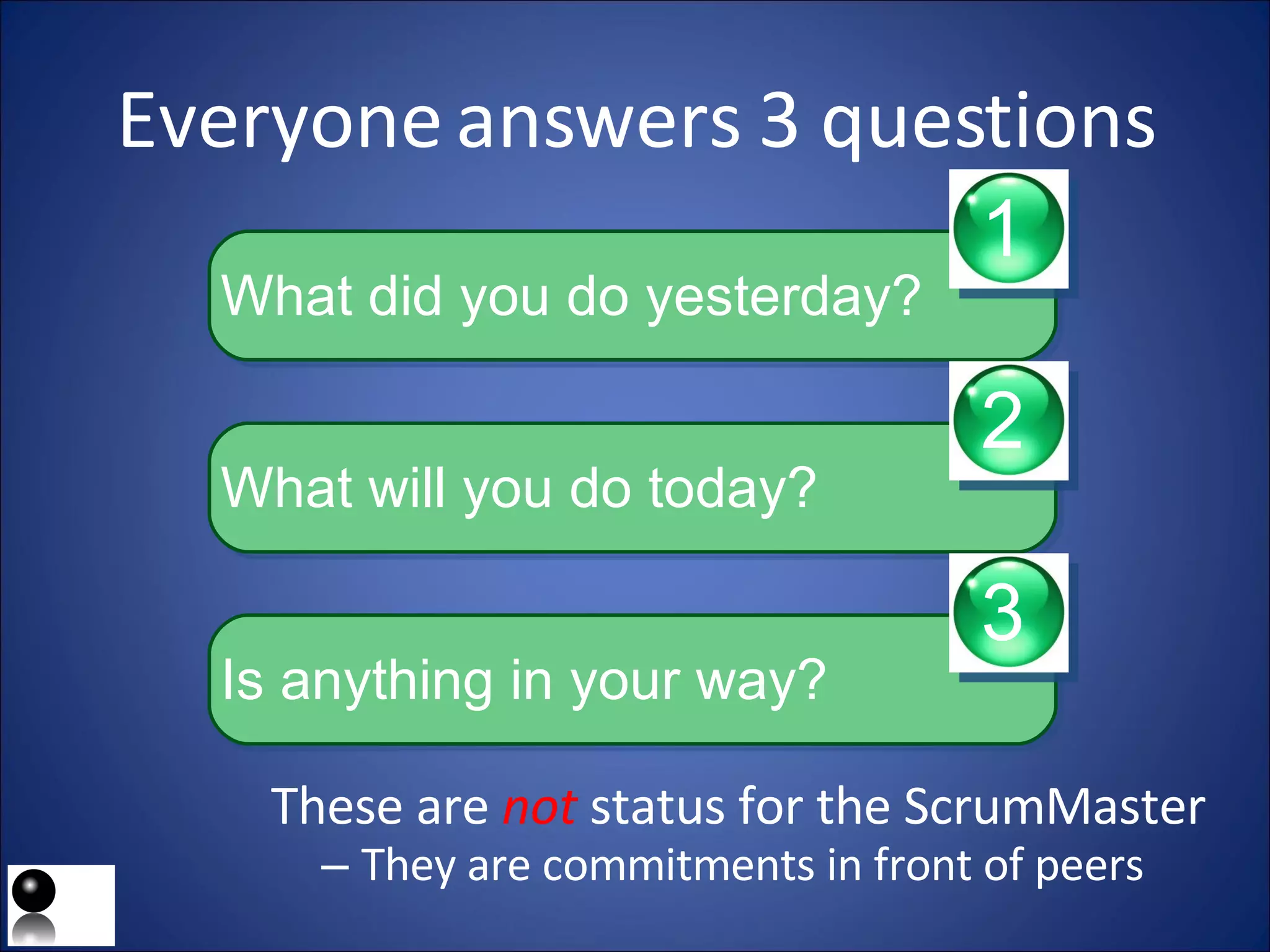 Everyone answers 3 questions These are  not  status for the ScrumMaster They are commitments in front of peers What did you do yesterday? 1 What will you do today? 2 Is anything in your way? 3 