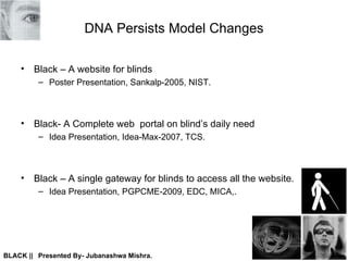 DNA Persists Model Changes Black – A website for blinds Poster Presentation, Sankalp-2005, NIST. Black- A Complete web  portal on blind’s daily need Idea Presentation, Idea-Max-2007, TCS. Black – A single gateway for blinds to access all the website.  Idea Presentation, PGPCME-2009, EDC, MICA,. 