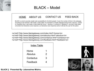 BLACK – Model HOME ABOUT US CONTACT US FEED BACK <a href="http://www.blackgateway.com/index.html">home</a> <a href="http://www.blackgateway.com/aboutus.html">aboutus</a> <a href="http://www.blackgateway.com/contactus.html">contactus</a> <a href="http://www.blackgateway.com/feedback.html">feedback</a> BLACK is a tool to provide simpler web accessibility for the blind people. It scan the number of links in the webpage, according to the href link it will create a index table. For example if a simple webpage having home, aboutus, contact us, feedback then it will create a index table like home 1, aboutus 2, contactus 3, feedback 4. and each index table converted into Interactive voice response. as interactive voice response works it will ask the user for the option. Index Table Home  1 Aboutus 2 Contactus 3 Feedback 4 