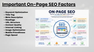 Important On-Page SEO Factors
Keyword Optimization
Title Tag
Meta Description
Headings
URL Structure
Content Quality
Internal Linking
Image Optimization
Mobile-Friendliness
Page Speed
 