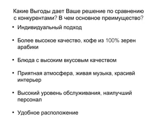 Какие Выгоды дает Ваше решение по сравнению
? ?с конкурентами В чем основное преимущество
• Индивидуальный подход
• , 100%Более высокое качество кофе из зерен
арабики
• Блюда с высоким вкусовым качеством
• , ,Приятная атмосфера живая музыка красивй
интерьер
• ,Высокий уровень обслуживания наилучший
персонал
• Удобное расположение
 