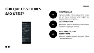 POR QUE OS VETORES
SÃO UTEIS?
PAGE 05
Agrupam dados relacionados, como notas
de um aluno, pixels de uma imagem ou
coordenadas de um ponto.
ORGANIZAÇÃO
01
Permitem acessar elementos diretamente
ao saber sua posição (índice).
ACESSO RÁPIDO
02
Matrizes (tabelas) podem ser vistas como
"vetores de vetores".
BASE PARA OUTRAS
ESTRUTURAS
03
04
 