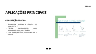 APLICAÇÕES PRINCIPAIS
PAGE 05
04
• Representar posições e direções no
espaço (X, Y, Z).
• Calcular transformações como
movimentos, rotações e escalas.
• Usar operações como produto escalar e
vetorial.
COMPUTAÇÃO GRÁFICA
 