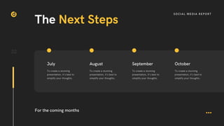 22
SOCIAL MEDIA REPORT
The Next Steps
For the coming months
July
To create a stunning
presentation, it's best to
simplify ...