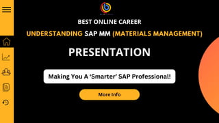 UNDERSTANDING SAP MM (MATERIALS MANAGEMENT)
PRESENTATION
BEST ONLINE CAREER
Making You A ‘Smarter’ SAP Professional!
More Info
 