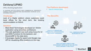 DeVono/UPMO
Office Booking Application
16
A L E A D I N G O F F I C E S P A C E A N D C O M M E R C I A L P R O P E R T Y
C O N S U L T A N T S U P P O R T I N G B U S I N E S S E S A C R O S S U K &
I N T E R N A T I O N A L L Y
Challenge
Lack of a Digital platform where customers could
book offices for the short term, like booking
accommodation on Airbnb.
Solution
 Black Basil Technologies developed an ‘Airbnb’
application using serverless architecture.
 This web application was built using Vue.js for UI
and AWS Functions for the backend, and
DynamoDB for the data store.
 It leverages Algolia for search and Google map
API for visualizing office locations on the map.
The Platform developed
• View Architecture Vision
STRAIGHTFORWARD AND
STREAMLINED OFFICE BOOKING
ON A SHORT-TERM BASIS.
THE COMMISSION REVENUE
INCREASED BY 40%
NEW CUSTOMER VISIBILITY AND
ENGAGEMENT IMPROVED BY 60% HELPING
BUILD CREDIBILITY AND TRUST.
The Benefits
 