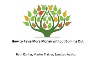 How	
  to	
  Raise	
  More	
  Money	
  without	
  Burning	
  Out
Beth	
  Kanter,	
  Master	
  Trainer,	
  Speaker,	
  Author
 