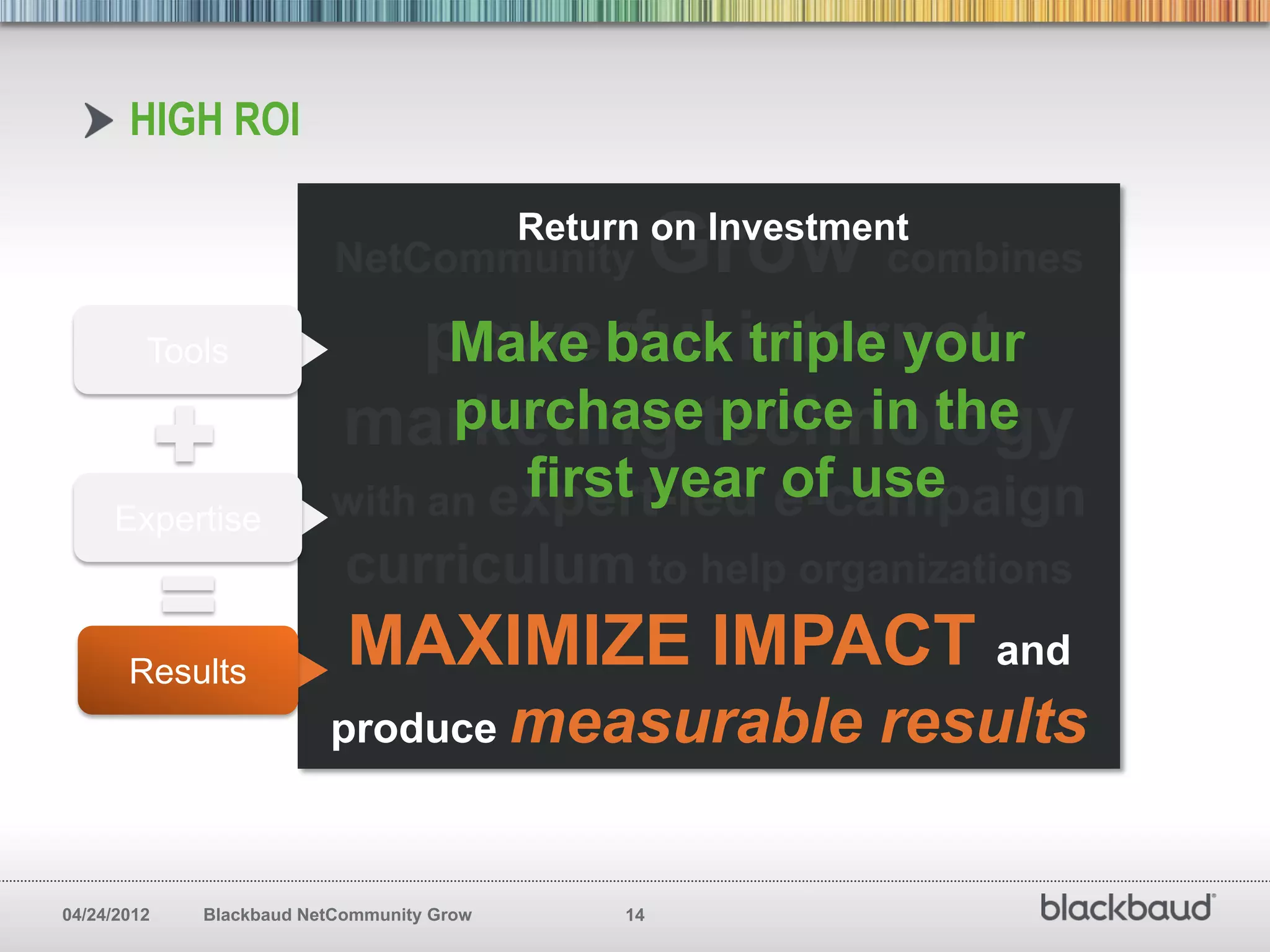 HIGH ROI

                          NetCommunity               Grow combines
                                           Return on Investment


         Tools              powerful internet
                             Make back triple your
                             purchase price in the
                           marketing technology
                                  first year of use
                         with an expert-led e-campaign
     Expertise
                           curriculum to help organizations
       Results
                           MAXIMIZE IMPACT and
                         produce measurable                  results

04/24/2012   Blackbaud NetCommunity Grow        14
 