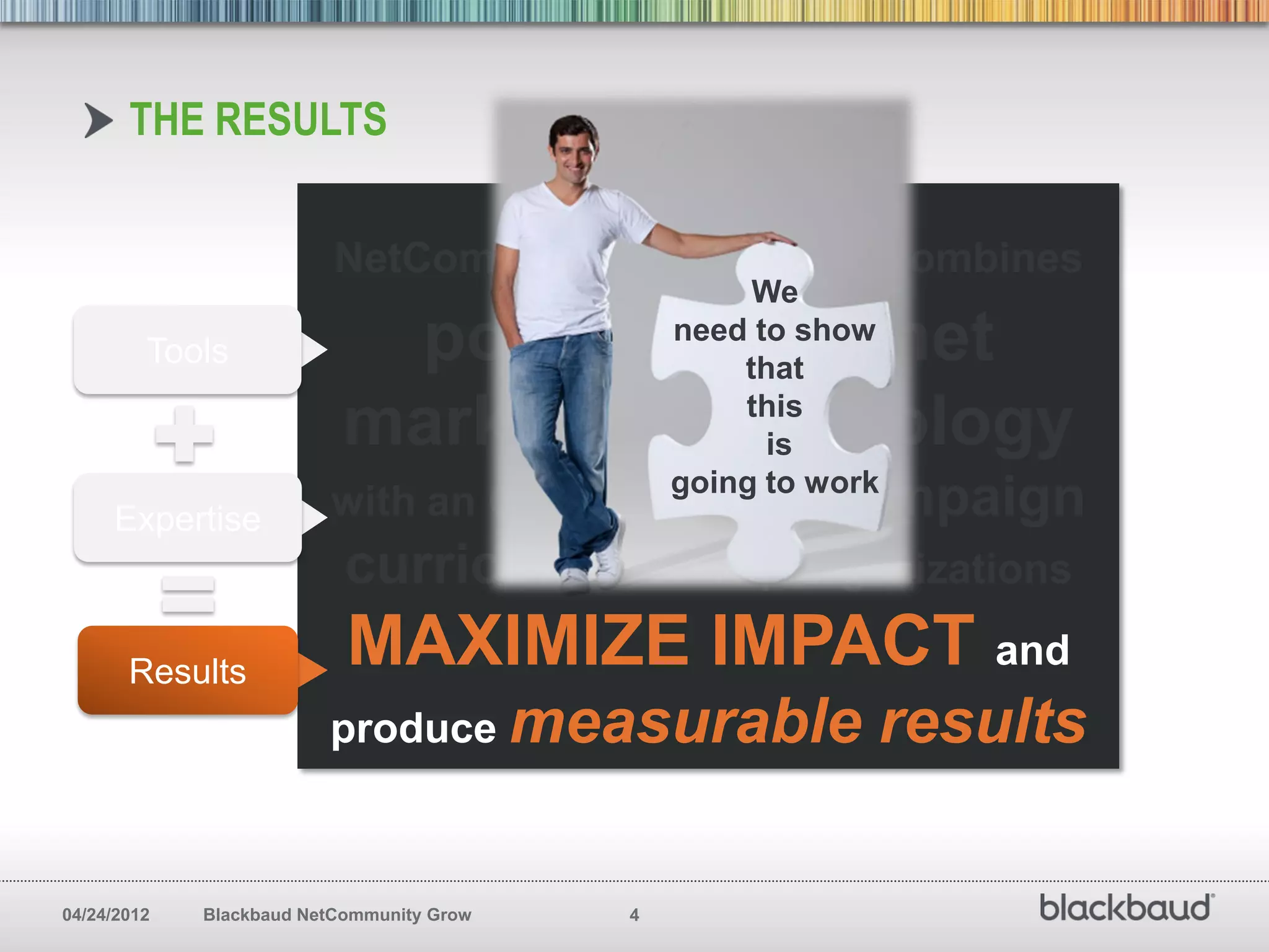 THE RESULTS

                          NetCommunity         Grow combines
                                                    We
         Tools              powerful internet  need to show
                                                   that

                           marketing technology    this
                                                     is
                                               going to work
     Expertise           with an expert-led          e-campaign
                           curriculum to help organizations
       Results
                           MAXIMIZE IMPACT and
                         produce measurable                results

04/24/2012   Blackbaud NetCommunity Grow   4
 
