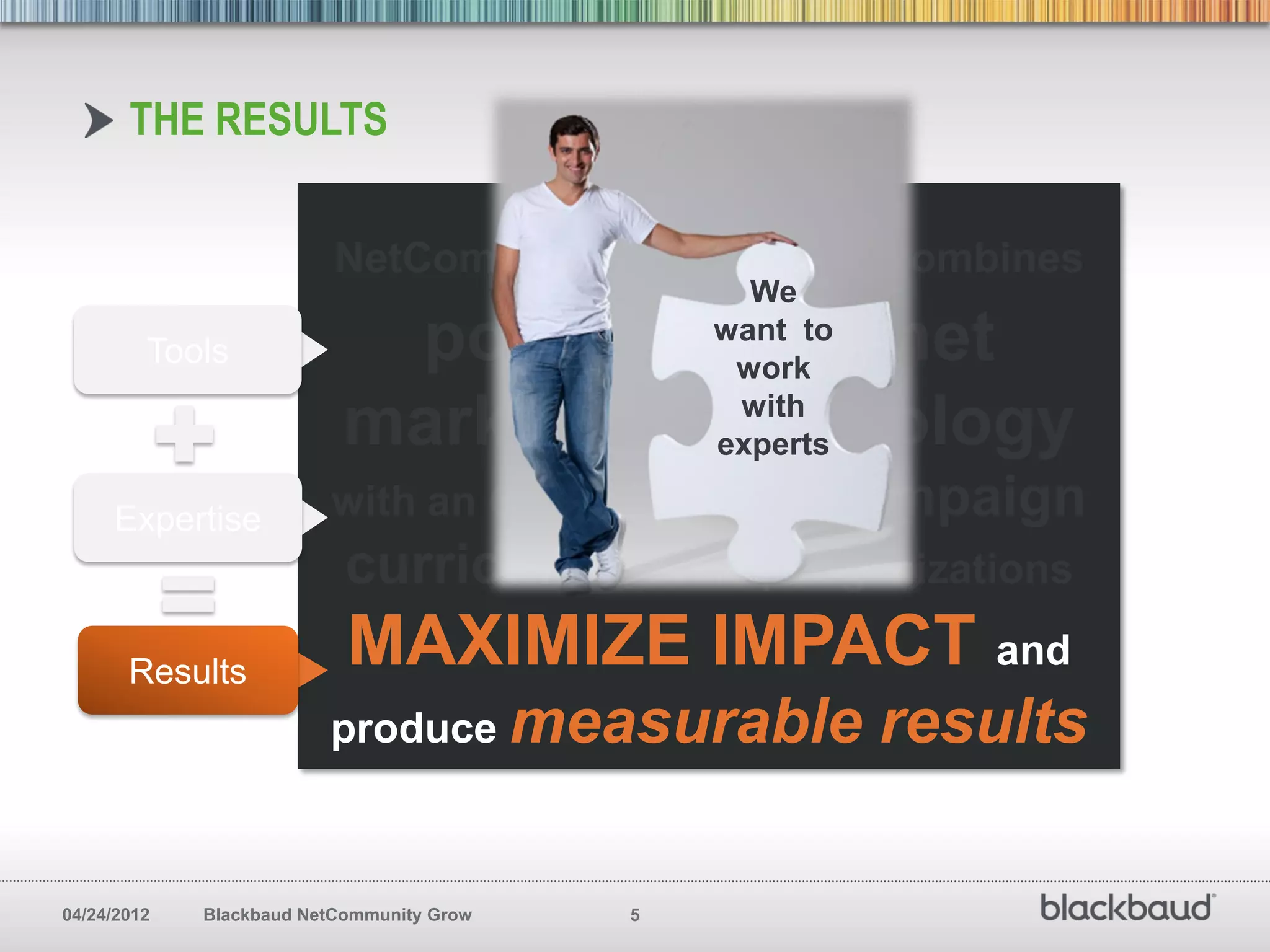 THE RESULTS

                          NetCommunity         Grow combines
                                                  We
         Tools              powerful internet   want to
                                                 work
                                                 with
                           marketing technology experts

     Expertise           with an expert-led        e-campaign
                           curriculum to help organizations
       Results
                           MAXIMIZE IMPACT and
                         produce measurable               results

04/24/2012   Blackbaud NetCommunity Grow   5
 