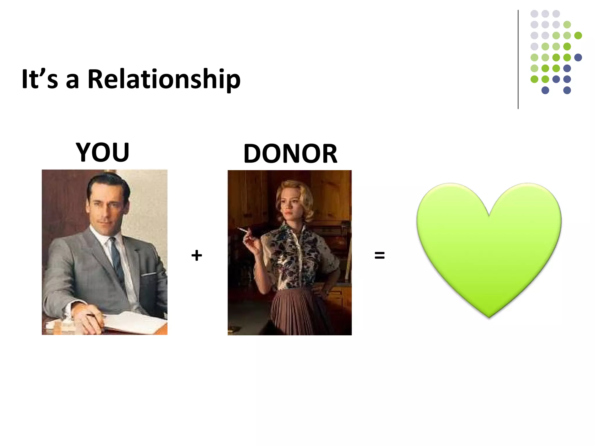 It’s a Relationship YOU + DONOR = 