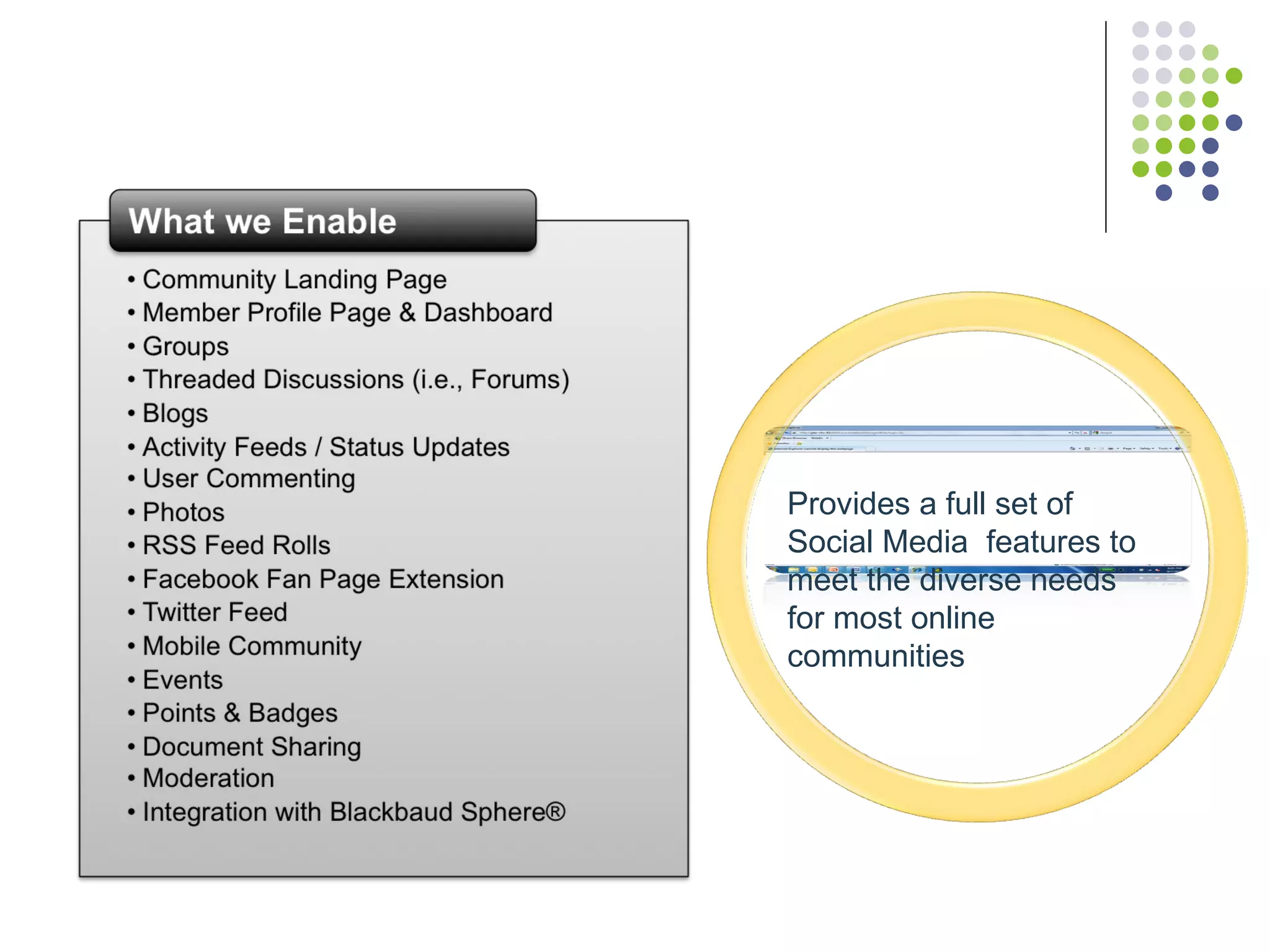 Provides a full set of Social Media  features to meet the diverse needs for most online communities 