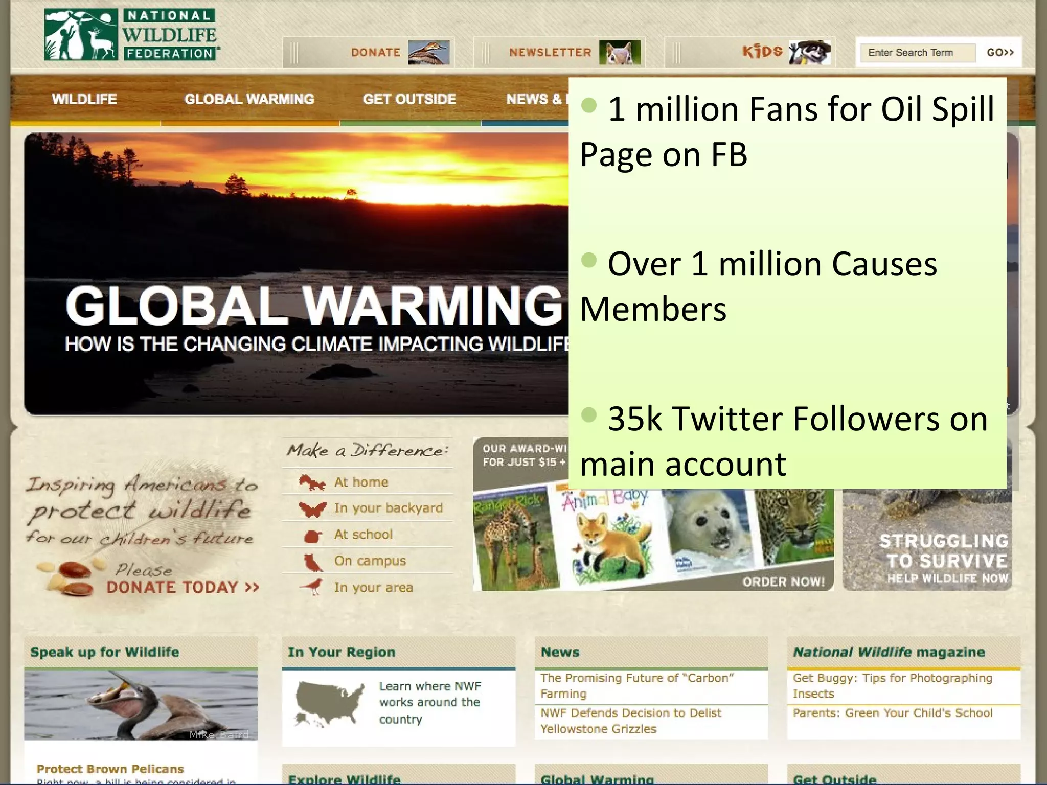 1 million Fans for Oil Spill Page on FB Over 1 million Causes Members 35k Twitter Followers on main account 