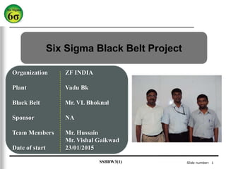 Slide number: 1
SSBBW3(1)
Six Sigma Black Belt Project
Organization ZF INDIA
Plant Vadu Bk
Black Belt Mr. VL Bhoknal
Sponsor NA
Team Members Mr. Hussain
Mr. Vishal Gaikwad
Date of start 23/01/2015
 