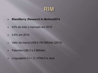  BlackBerry (Research In Motion)2014 
 43% de todo o mercado em 2010 
 0,6% em 2014 
 Valor da marca US$ 6.762 Bilhões (2010) 
 Patentes US$ 2 e 3 Bilhões 
 Linguagens C++, C, HTML5 e Java 
 