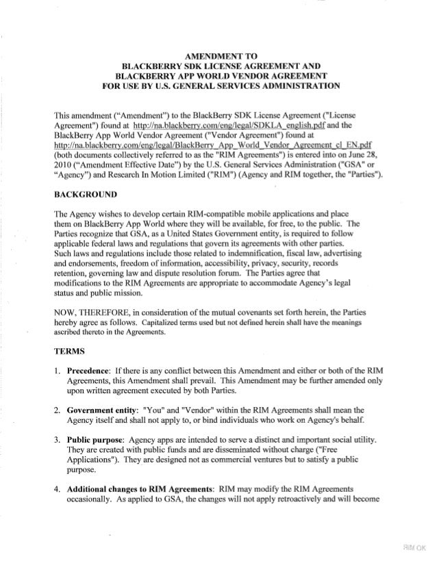 Amendment to BlackBerry SDK License Agreement and ...