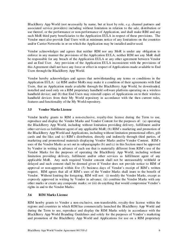 blackberry app world vendor agreement vendor agreement