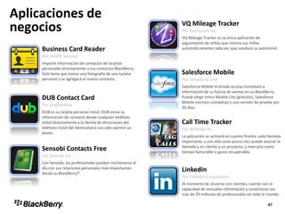 Aplicaciones de
negocios
Business Card Reader
Por SHAPE Services
Importe información de contactos de tarjetas
personales directamente a sus contactos BlackBerry.
Sólo tiene que tomar una fotografía de una tarjeta
personal y se agregará el nuevo contacto.
VQ Mileage Tracker
Por Xpressions Inc
VQ Mileage Tracker es la única aplicación de
seguimiento de millas que rastrea sus millas
automáticamente cada vez que conduce su automóvil.
DUB Contact Card
Por DubMeNow
DUB es su tarjeta personal móvil. DUB envía su
información de contacto desde cualquier teléfono
móvil directamente a la libreta de direcciones del
teléfono móvil del destinatario con sólo oprimir un
botón.
Salesforce Mobile
Por salesforce.com
Salesforce Mobile le brinda acceso inmediato a
información de su fuerza de ventas en su BlackBerry.
Puede elegir entre Mobile Lite (gratuito), Salesforce
Mobile (versión completa) o una versión de prueba por
30 días.
Sensobi Contacts Free
Por Sensobi Inc.
Con Sensobi, los profesionales pueden mantenerse al
día con sus relaciones personales más importantes
desde su BlackBerry®.
Call Time Tracker
Por Widality Inc.
La aplicación se activará en cuanto finalice cada llamada
importante, y con sólo unos pocos clics puede asociar la
llamada a un cliente y un proyecto, y marcarla como
tiempo facturable o gasto recuperable.
Linkedin
Por LinkedIn Corporation
Al momento de reunirse con clientes, cuente con la
capacidad de consultar información y conectarse con
más de 70 millones de profesionales en todo el mundo.
 