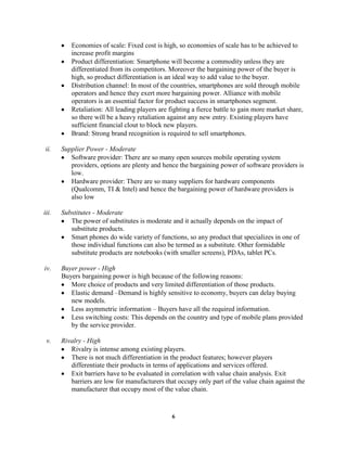 Brand: Strong brand recognition is required to sell smartphones.Supplier Power - Moderate<br />Software provider: There are so many open sources mobile operating system providers, options are plenty and hence the bargaining power of software providers is low.