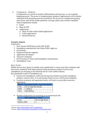 Hardware provider: There are so many suppliers for hardware components (Qualcomm, TI & Intel) and hence the bargaining power of hardware providers is also lowSubstitutes - Moderate<br />The power of substitutes is moderate and it actually depends on the impact of substitute products.<br />Smart phones do wide variety of functions, so any product that specializes in one of those individual functions can also be termed as a substitute. Other formidable substitute products are notebooks (with smaller screens), PDAs, tablet PCs.<br />Buyer power - High<br />Buyers bargaining power is high because of the following reasons:<br />More choice of products and very limited differentiation of those products.