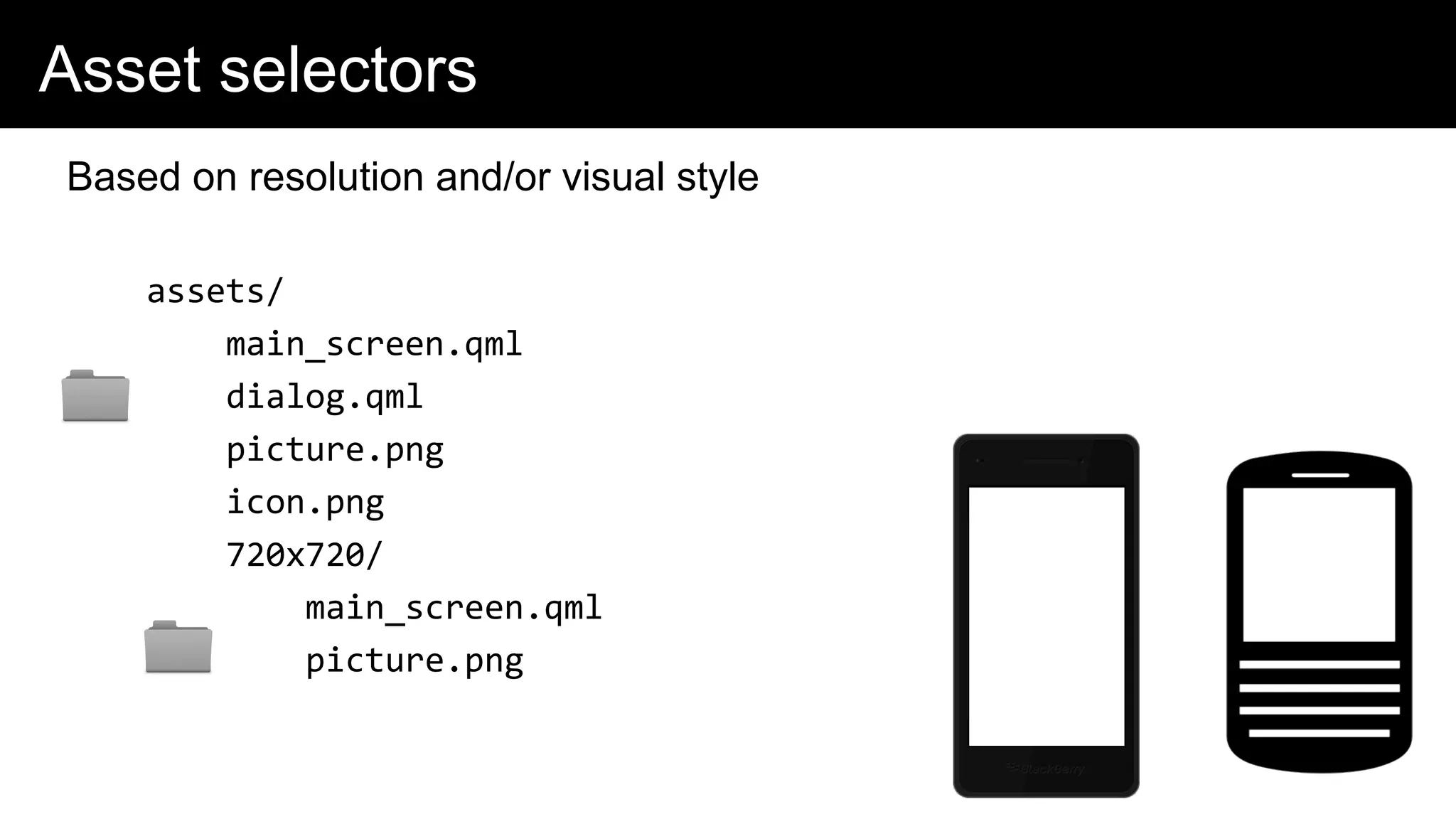 Asset selectors
Based on resolution and/or visual style
assets/
main_screen.qml
dialog.qml
picture.png
icon.png
720x720/
main_screen.qml
picture.png
 