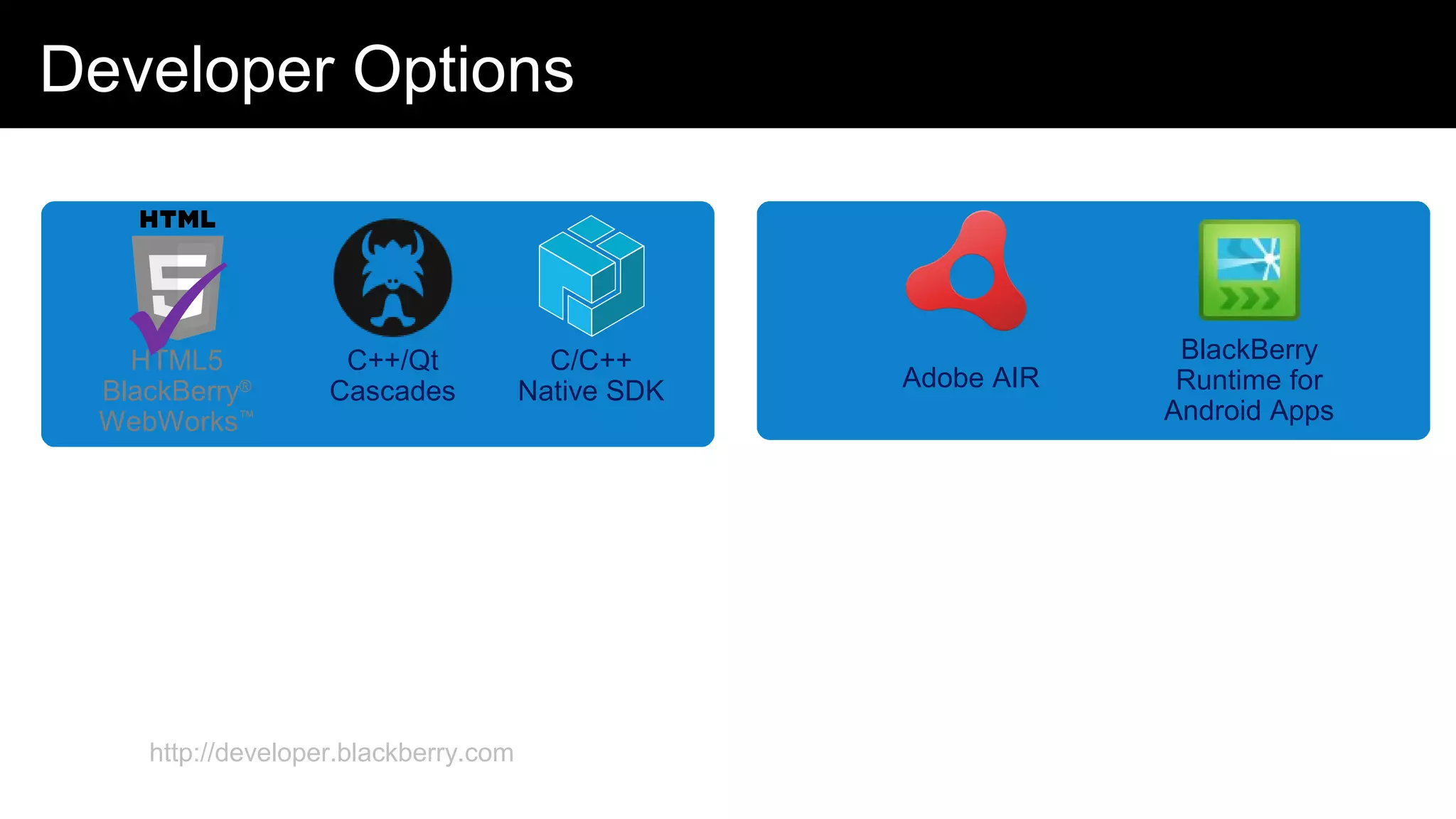 Developer Options
http://developer.blackberry.com
C/C++
Native SDK
C++/Qt
Cascades
BlackBerry
Runtime for
Android Apps
Adobe AIR
HTML5
BlackBerry®
WebWorks™

 