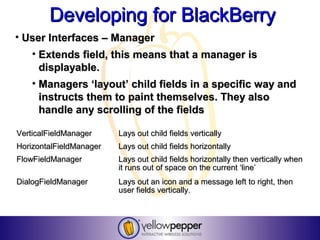 Developing for BlackBerry
• User Interfaces – Manager
    • Extends field, this means that a manager is
      displayable.
    • Managers ‘layout’ child fields in a specific way and
      instructs them to paint themselves. They also
      handle any scrolling of the fields

VerticalFieldManager     Lays out child fields vertically
HorizontalFieldManager   Lays out child fields horizontally
FlowFieldManager         Lays out child fields horizontally then vertically when
                         it runs out of space on the current ‘line’
DialogFieldManager       Lays out an icon and a message left to right, then
                         user fields vertically.
 