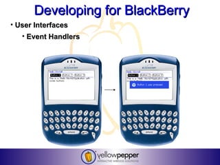 Developing for BlackBerry
• User Interfaces
   • Event Handlers
 