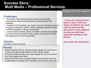 Straight from the customer Challenges: Running a small, family business means being instantly accessible to clients and being able to quickly resolve their problems  Company Vice President, Joe Jones, found his cell phone was not enough to manage his clients’ needs and laptops required access to Wi-Fi® hotspots or network connections  Jones and his business partner, his father, decided they needed to communicate by email to answer clients on-the-spot and offer the appearance of never being offline  Solution:  BlackBerry Internet Service Results: Better Customer Service: Small business appears to never be out of touch and always fully attentive to their clients’ needs  Production keeps flowing, even when people are out of the office or don’t have laptops with them  Improved Productivity: Company leaders save two hours per day by being able to manage their time better and prioritize responses  Success Story:  Multi Media – Professional Services “ I’d say it’s saving me two hours a day in time and helps me balance my work with my personal life, because it’s more efficient to send an email than spend 30 minutes on the phone,”  Joe Jones Vice President | 
